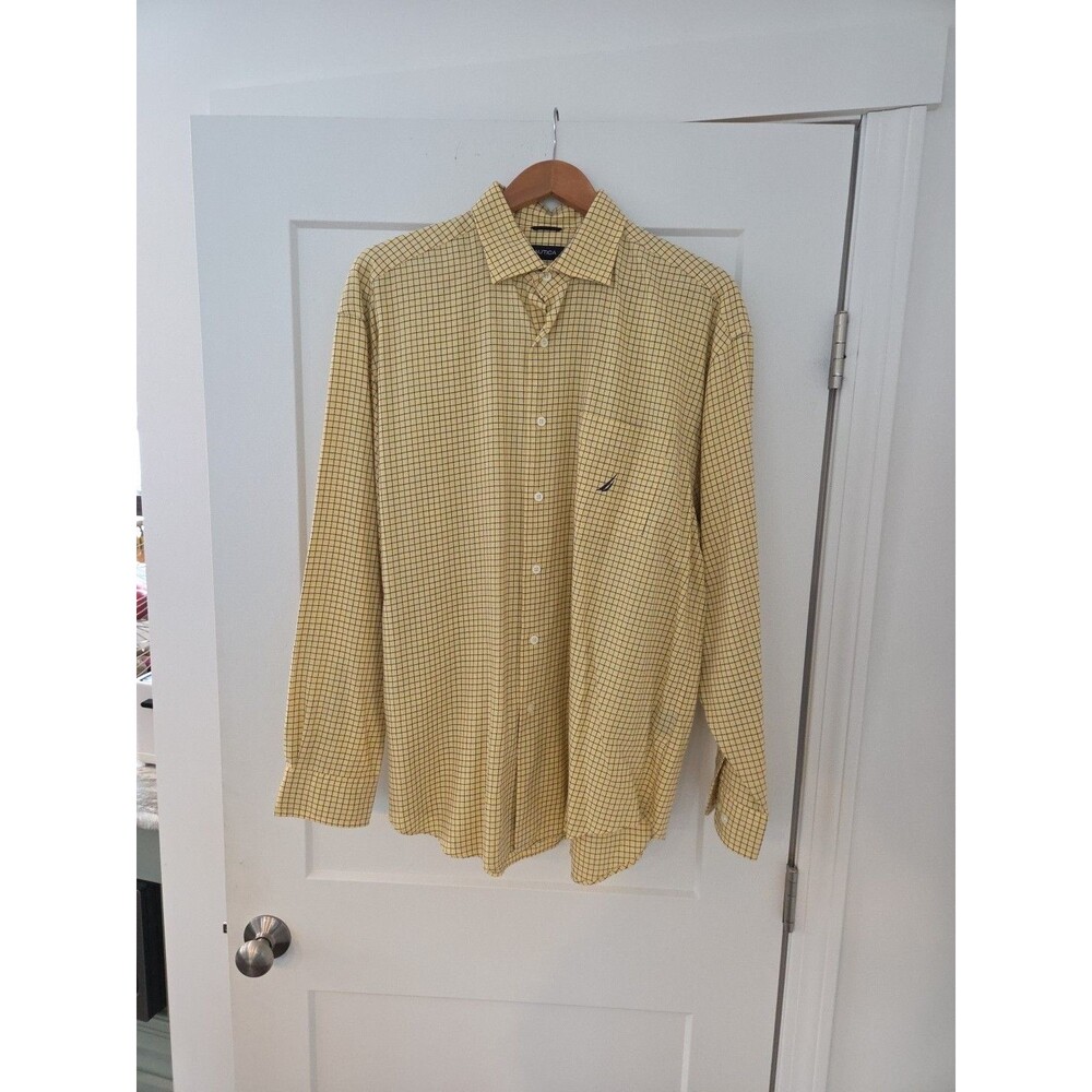 #131 Nautica Vintage Twill button down casual yellow blue Men's Large shirt